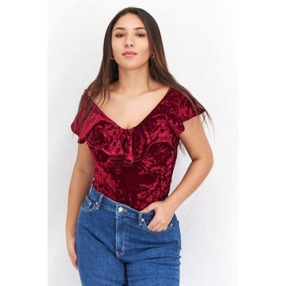 MAISIE Womens Burgundy Ruffled V-neck Snap Placket Bodysuit M